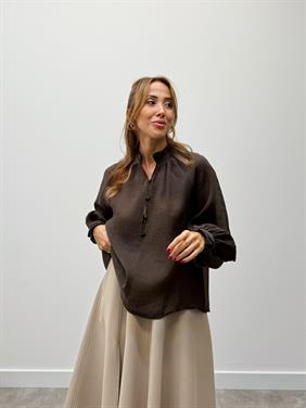 Kadın Balon Kol Düğmeli Şifon Kahve Bluz