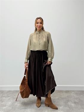 Kadın Balon Kol Düğmeli Şifon Yeşil Bluz