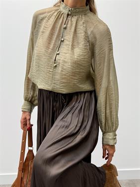 Kadın Balon Kol Düğmeli Şifon Yeşil Bluz