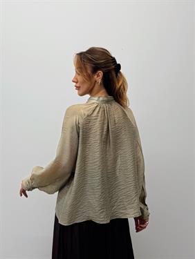 Kadın Balon Kol Düğmeli Şifon Yeşil Bluz