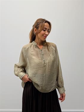 Kadın Balon Kol Düğmeli Şifon Yeşil Bluz