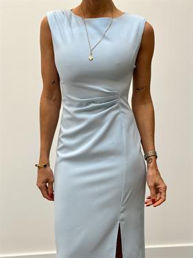 Kadın Bel Drapeli Yırtmaç Detay Vatkalı Mavi Elbise