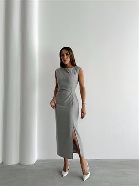 Kadın Bel Drapeli Yırtmaç Detay Vatkalı Gri Midi Elbise