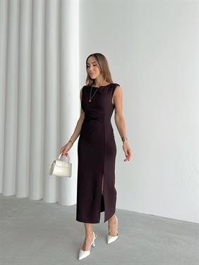 Kadın Bel Drapeli Yırtmaç Detay Vatkalı Mürdüm Midi Elbise