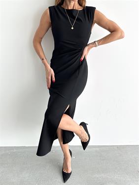 Kadın Bel Drapeli Yırtmaç Detay Vatkalı Siyah Midi Elbise