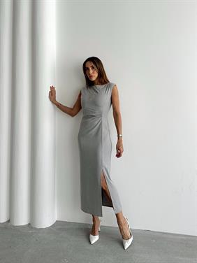 Kadın Bel Drapeli Yırtmaç Detay Vatkalı Gri Midi Elbise