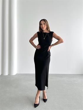 Kadın Bel Drapeli Yırtmaç Detay Vatkalı Siyah Midi Elbise