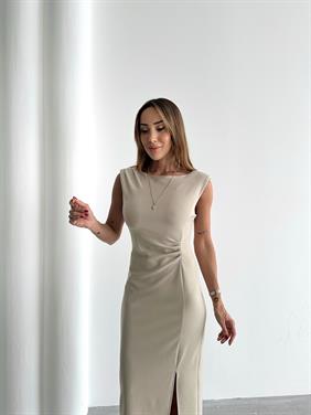 Kadın Bel Drapeli Yırtmaç Detay Vatkalı Krem Midi Elbise