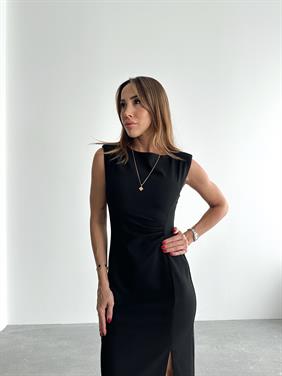 Kadın Bel Drapeli Yırtmaç Detay Vatkalı Siyah Midi Elbise