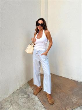 Kadın Bel Lastikli Ege Bebe Mavi Oversize Keten Pantolon