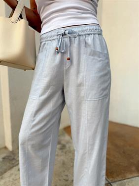 Kadın Bel Lastikli Ege Bebe Mavi Oversize Keten Pantolon