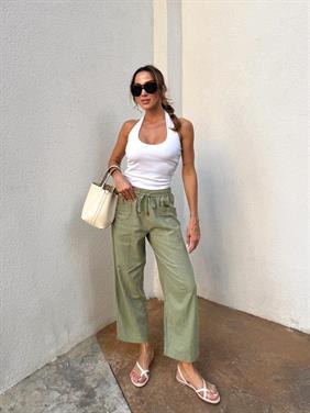 Kadın Bel Lastikli Ege Haki Oversize Keten Pantolon