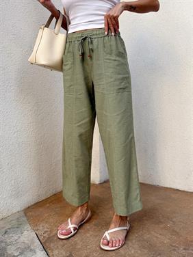 Kadın Bel Lastikli Ege Haki Oversize Keten Pantolon