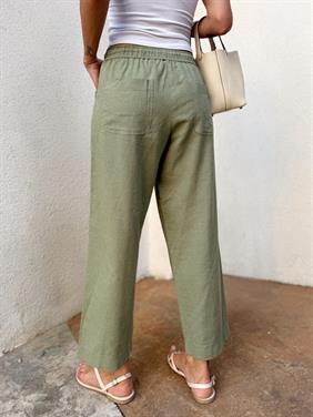 Kadın Bel Lastikli Ege Haki Oversize Keten Pantolon