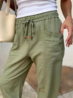 Kadın Bel Lastikli Ege Haki Oversize Keten Pantolon