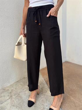 Kadın Bel Lastikli Ege Siyah Oversize Keten Pantolon