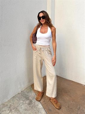 Kadın Bel Lastikli Ege Taş Oversize Keten Pantolon