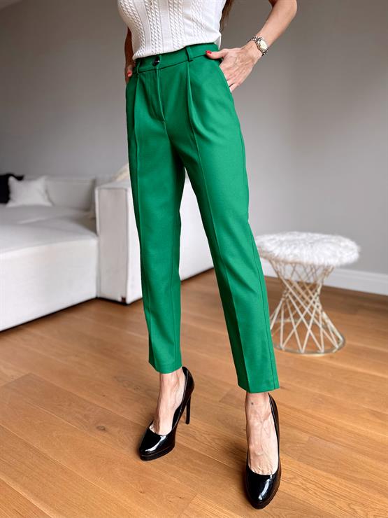 Kadın Beli Lastikli Cepli Yeşil Havuç Pamuklu Pantolon