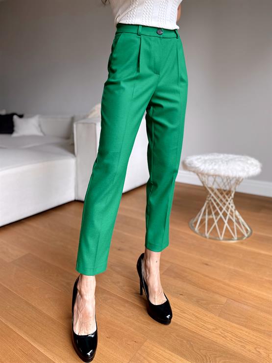 Kadın Beli Lastikli Cepli Yeşil Havuç Pamuklu Pantolon