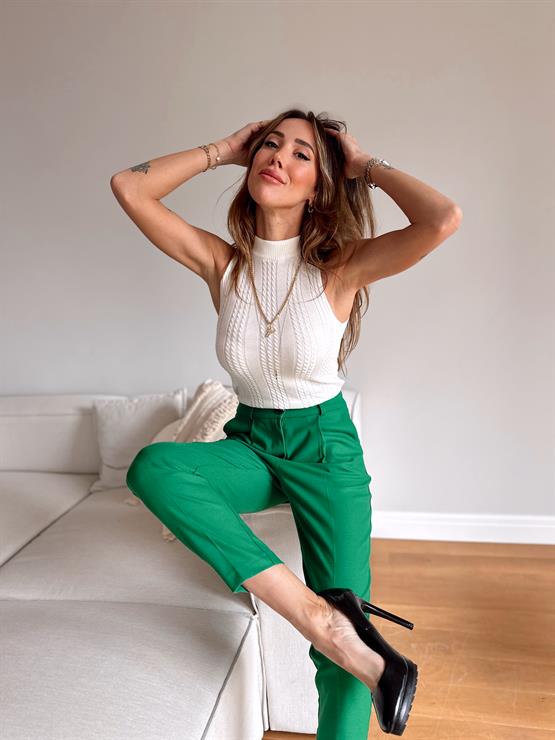 Kadın Beli Lastikli Cepli Yeşil Havuç Pamuklu Pantolon