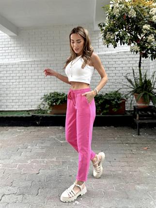 Kadın Beli Lastikli Paçası Püskül Detay Parça Boya Gabardin Pembe Pantolon