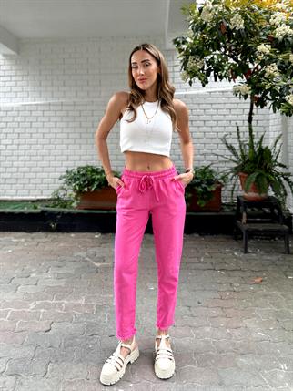 Kadın Beli Lastikli Paçası Püskül Detay Parça Boya Gabardin Pembe Pantolon