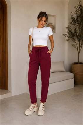 Kadın Beli Lastikli Paçası Püskül Detay Parça Boya Gabardin Bordo Pantolon