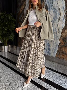 Kadın Beli Lastikli Şifon Pliseli Yeşil Etek