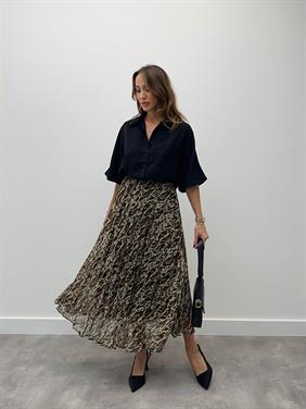 Kadın Beli Lastikli Şifon Pliseli Kahverengi Leopar Etek