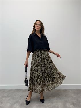 Kadın Beli Lastikli Şifon Pliseli Kahverengi Leopar Etek