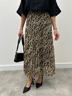 Kadın Beli Lastikli Şifon Pliseli Kahverengi Leopar Etek