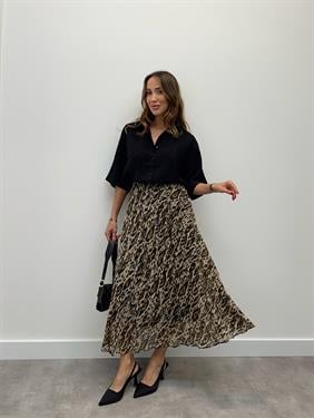 Kadın Beli Lastikli Şifon Pliseli Kahverengi Leopar Etek