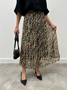Kadın Beli Lastikli Şifon Pliseli Kahverengi Leopar Etek