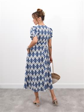 Kadın Bohem Desen Balon Kol Mavi Elbise