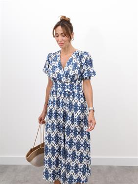 Kadın Bohem Desen Balon Kol Mavi Elbise