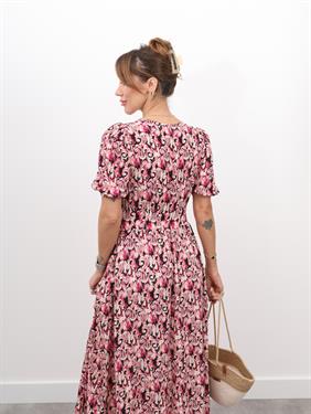 Kadın Bohem Desen Balon Kol Pembe Elbise