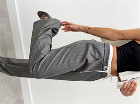 Kadın Çift Bel Bantlı Wıde Leg Bağcıklı Gri Pantolon