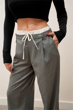 Kadın Çift Bel Bantlı Wıde Leg Bağcıklı Koyu Gri Pantolon