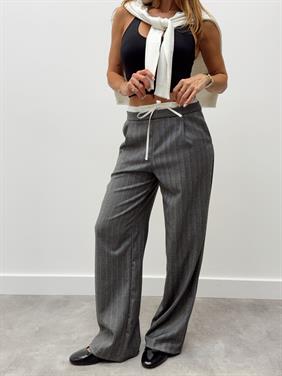 Kadın Çift Bel Bantlı Wıde Leg Bağcıklı Gri Pantolon