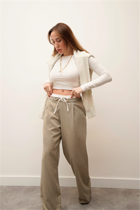 Kadın Çift Bel Bantlı Wıde Leg Bağcıklı Bej Pantolon