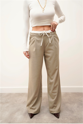 Kadın Çift Bel Bantlı Wıde Leg Bağcıklı Bej Pantolon