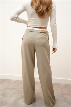 Kadın Çift Bel Bantlı Wıde Leg Bağcıklı Bej Pantolon