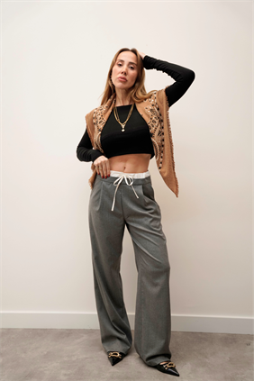 Kadın Çift Bel Bantlı Wıde Leg Bağcıklı Koyu Gri Pantolon