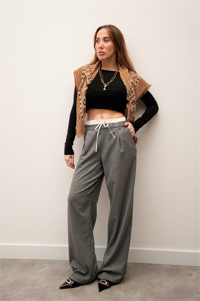 Kadın Çift Bel Bantlı Wıde Leg Bağcıklı Koyu Gri Pantolon
