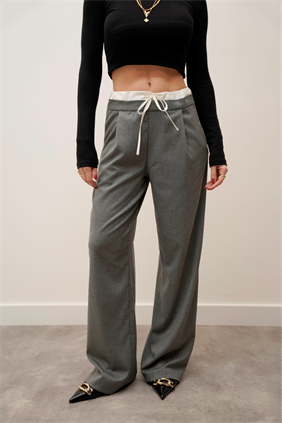 Kadın Çift Bel Bantlı Wıde Leg Bağcıklı Koyu Gri Pantolon