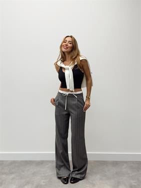 Kadın Çift Bel Bantlı Wıde Leg Bağcıklı Gri Pantolon