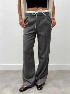 Kadın Çift Bel Bantlı Wıde Leg Bağcıklı Gri Pantolon