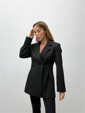 Kadın Çift Düğme Piliseli Fit Siyah Ceket