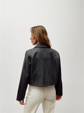 Kadın Çizgili Fermuarlı Antrasit Crop Ceket