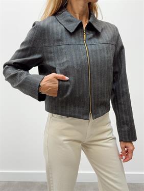 Kadın Çizgili Fermuarlı Antrasit Crop Ceket